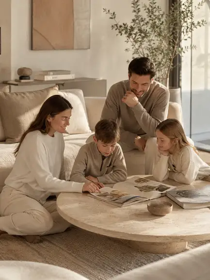 Familia disfrutando en la sala de una residencia Realeza